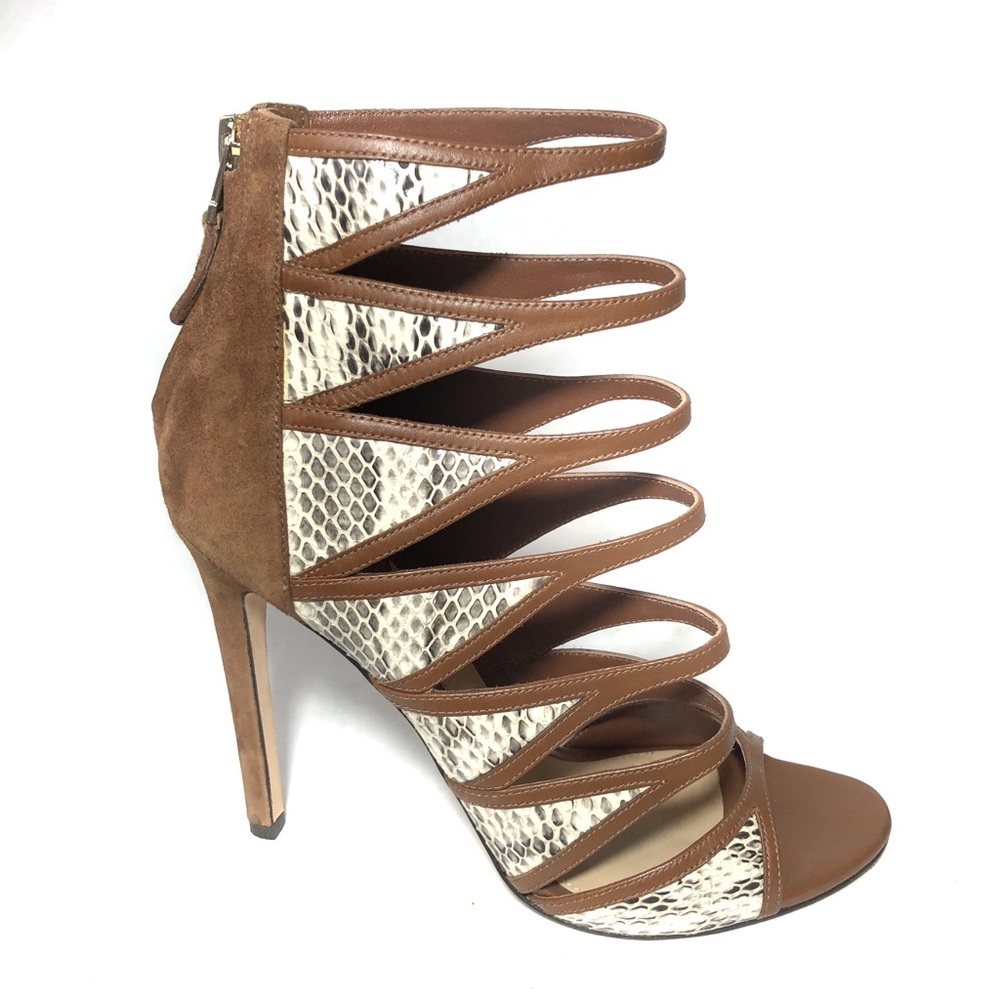 Brian Atwood Gladiator Rare Suede Lynnden Cage Snakeskin Brown high Heels 8.5